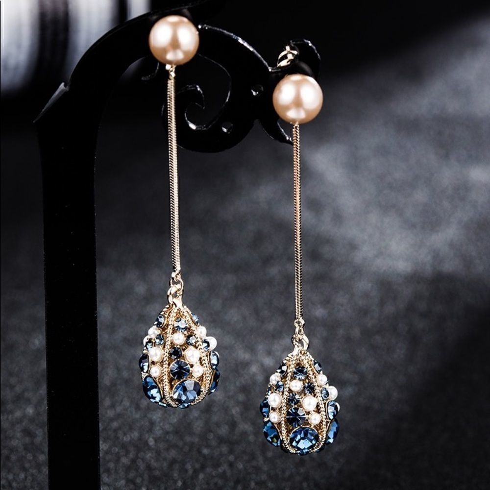 Vintage pearl and crystal drop-shaped tassel earrings